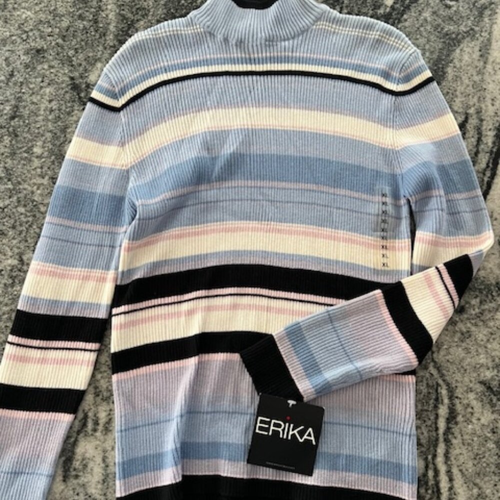 Erika Mock Neck Sweater Womens XL Blue Combo Striped Ribbed Knit NWT